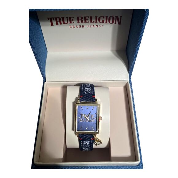 True Religion Women’s Gold Navy Denim Strap Watch Rectangular Lock Charm TRL100 - Picture 9 of 13